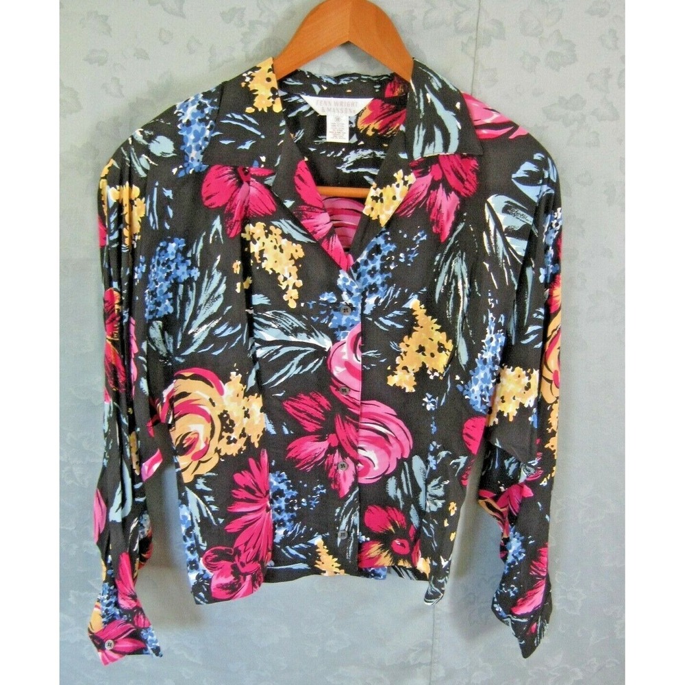 VTG 80's Fenn Wright & Manson Shirt Size 10 Bold Floral Print Dolman Sleeve Top